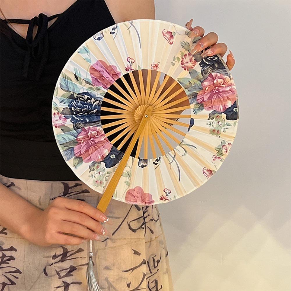 Round Folding Hand Fan Bamboo Handle Chinese Fans Photography Props Windmill Fan  Lady