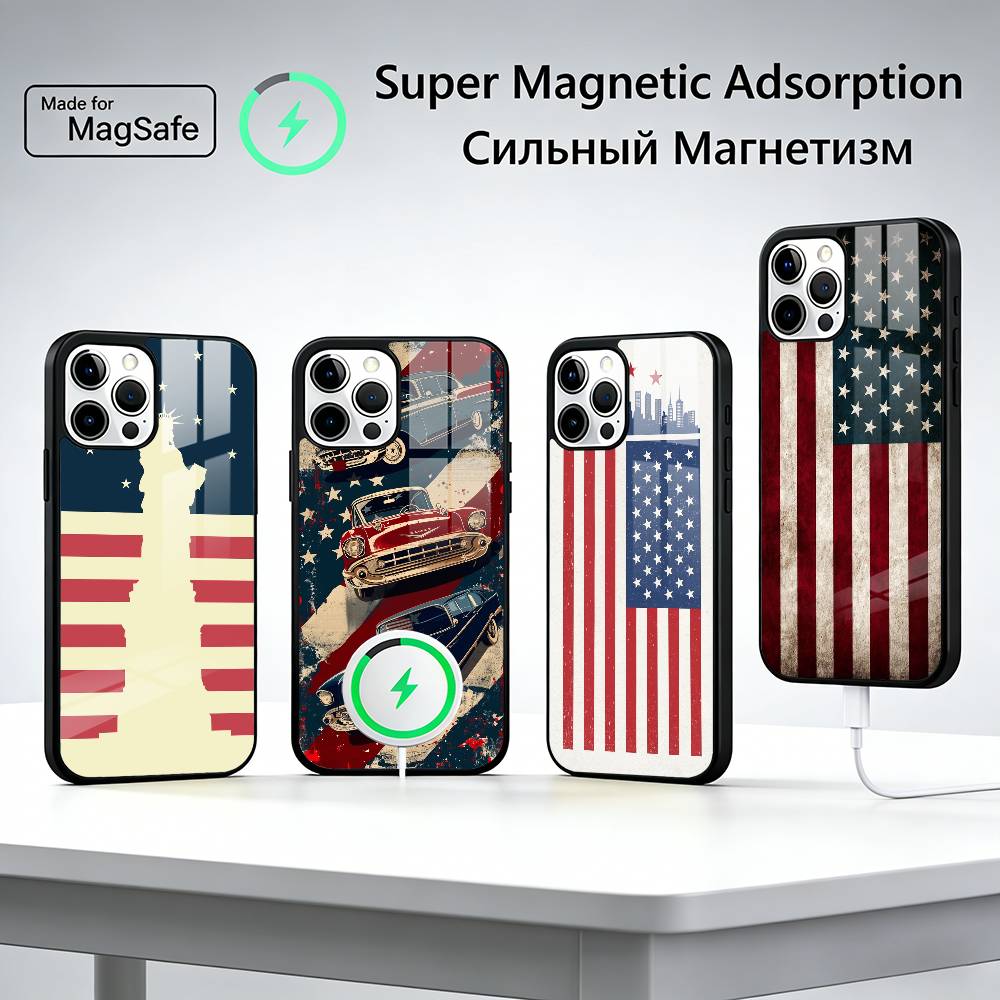 США A-Америка Флаг Чехол для телефона Для iPhone17,16,15,14,13,12,11 Plus,Pro Max, Новый Магнитный Беспроводной Заряд