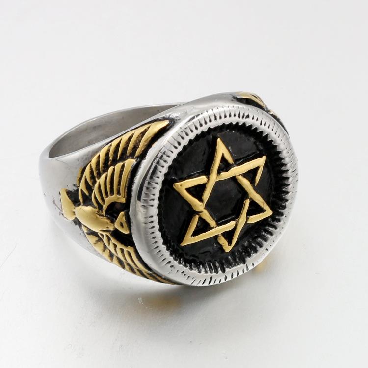 Men and Women Couple Titanium Stainless Steel Ring Six-pointed Star Eagle Head Hand Accessories Jewelry