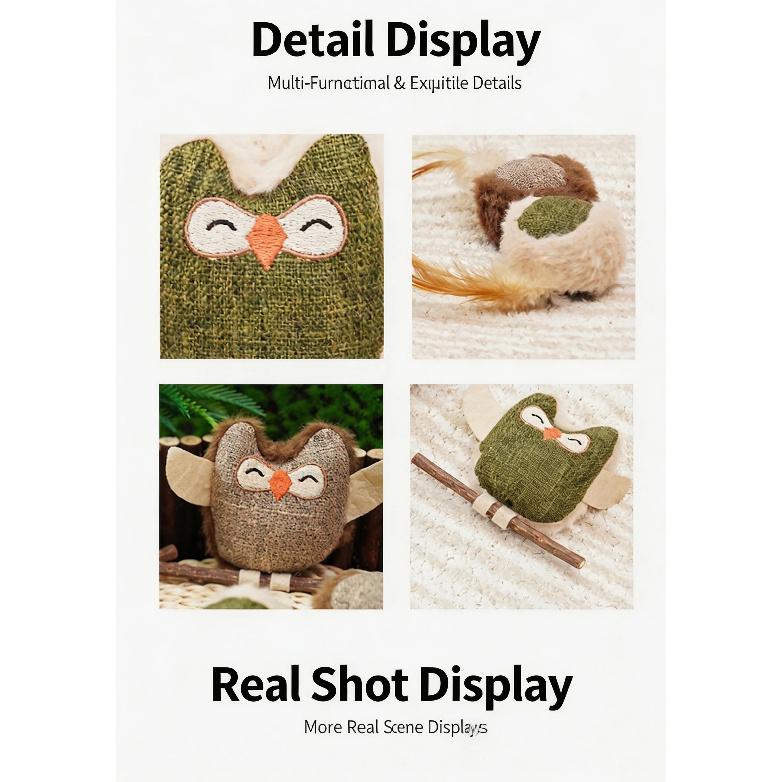 Natural Catnip Owl Cat Toy Plush Chew Teaser with Feather and Wooden Stick Interactive Indoor Kitten Toy 1/2/4PCS