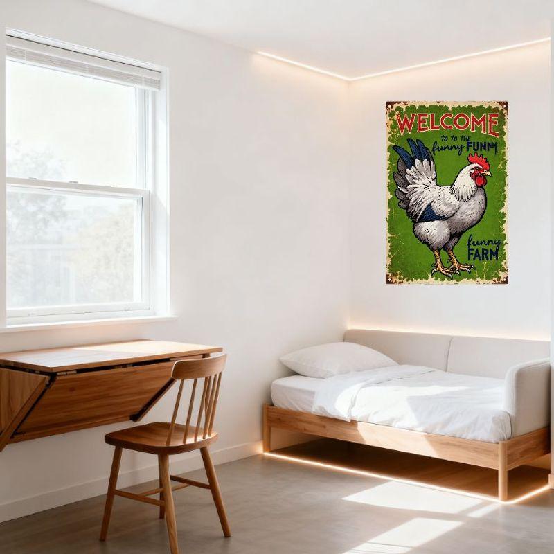 Vintage Rustic Metal Tin Sign, Welcome to Funny Farm with Rooster Chicken, Distressed Retro Wall Decor for Home Bar Café Man Cav