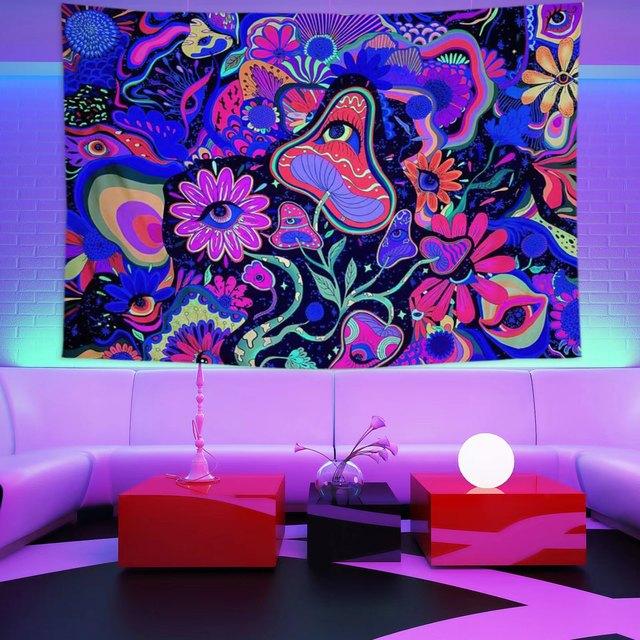 Гобелен Blacklight Galaxy Trippy Planet УФ-реактивный водопад Пейзаж Стена Забавные гобелены Таинственный гриб Богемия Tapiz