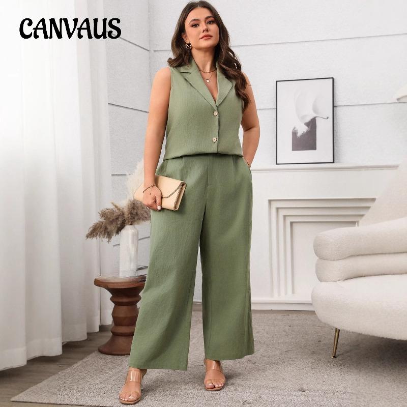 Plus Size Women's Summer New Green Sleeveless Vest Wide Leg Pants Casual Suit