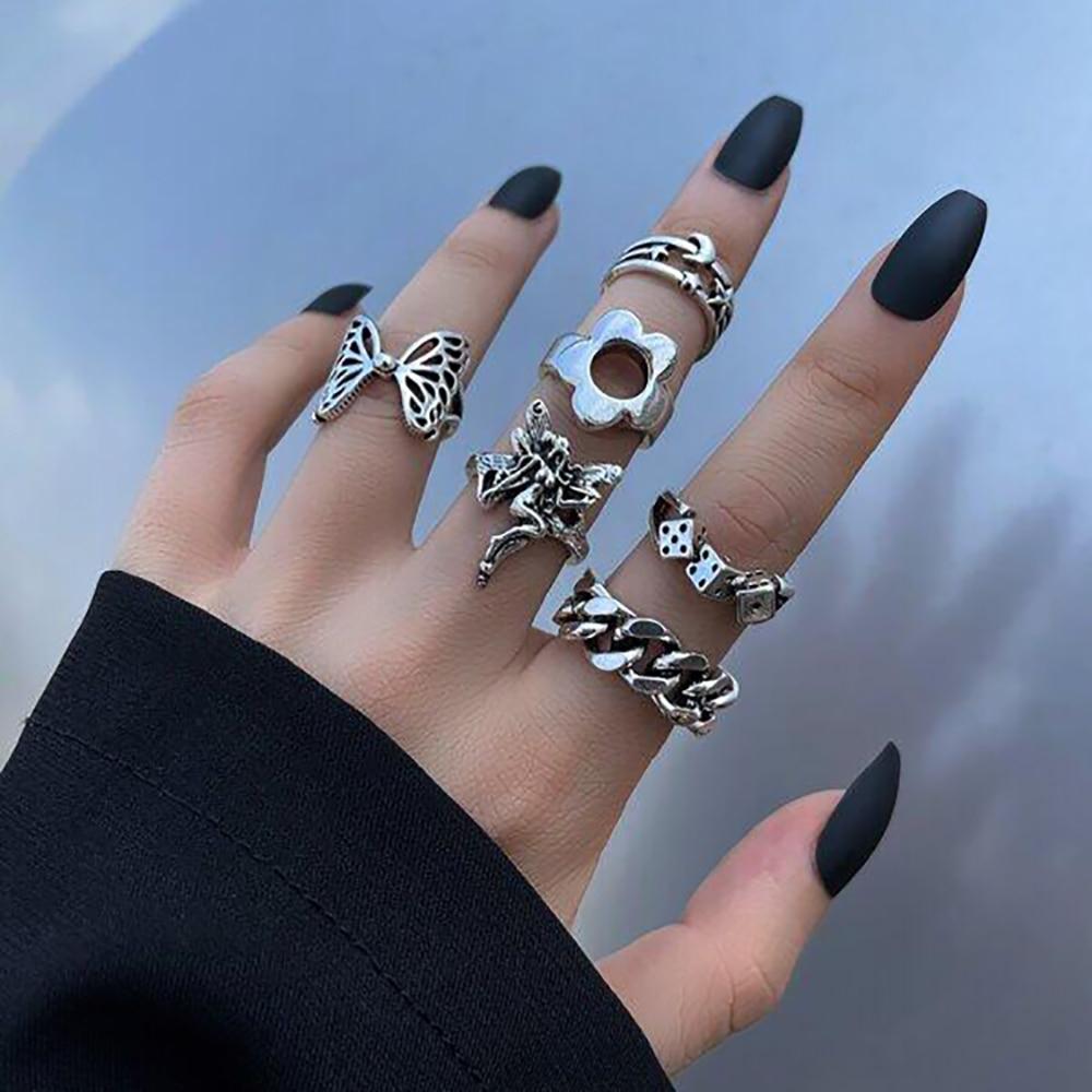 iF ME Punk Vintage Silver Color Poker Billiards Ring Set for Women Gothic Heart Anillos Hip Hop Y2k Korean Fashion Male Gift Jewelry