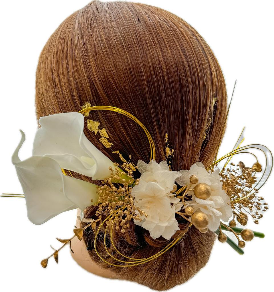 White Calla Lily Hair Ornament with Dried Mizuhiki and Gold Perfect for and and Suitable for Furisode and Shiromuku Kimono Flowers, Leaf,
