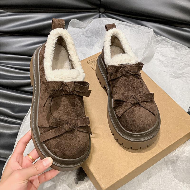 Женские зимние теплые мокасины Зимняя мода Повседневная платформа Slip-On Толстая подошва Замша Женские короткие плюшевые хлопковые банты Кожаные туфли