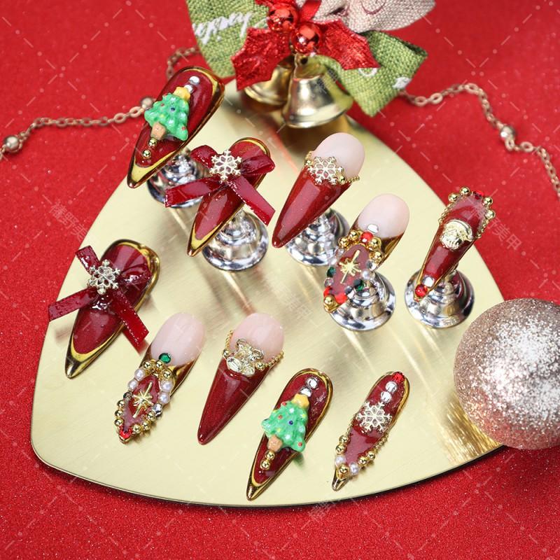 Christmas Press On Nails With Red Bow Gold Trim Tree Snowflake Star Design Women Long Shape Acrylic False