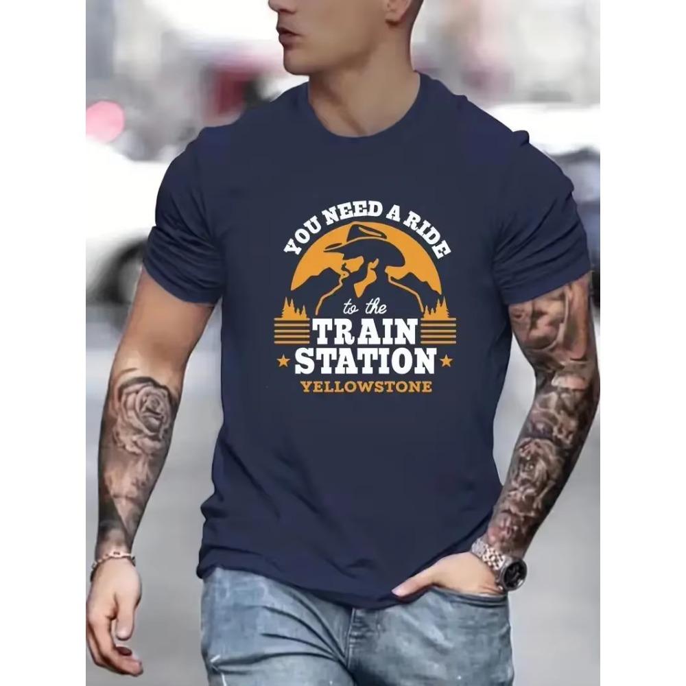 "Train Station" Pattern Cotton Printing Men's Comfortable Chic Pattern T-Shirt Men's Summer Outdoor Men'sClothing Men's Top Gift
