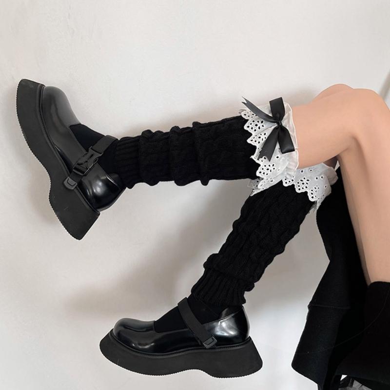 Women Autumn Ruffled Lace Bowknot Leg Warmers Japanese Lolita Twist Cable Knitted Foot Covers Student Stretch Calf Socks