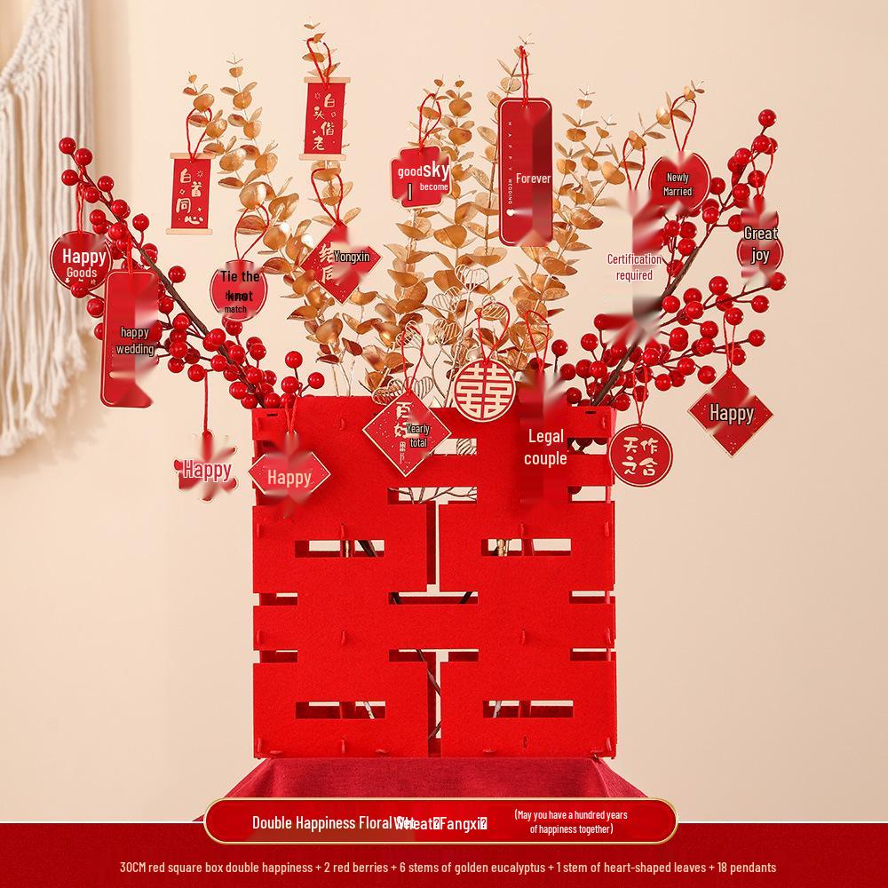 Engagement & Wedding Ornaments: Room Decor Bouquet & Double Happiness Bucket Set for Newlyweds - Ideal for Master Bedroom & Living Room.