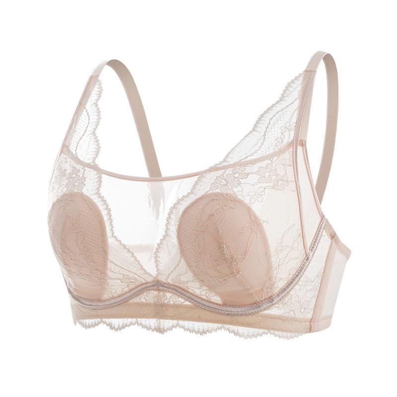 Silk lace adjusted gathering bra, mulberry silk ultra-thin rabbit ear cup, large chest and small underwear