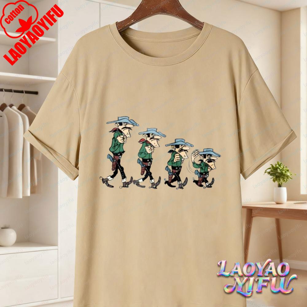 Classic Lucky Luke Cast Print Casual Tops Retro Western Animation Cotton TShirt Summer Casual Wear for Unisex Women Trendy Tee
