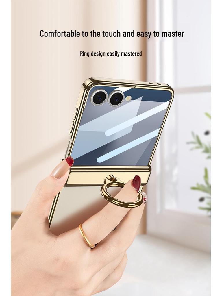 Samsung Z Flip7 Transparent Phone Case with Integrated Ring Buckle and Full-Cover Hinged Hard Shell