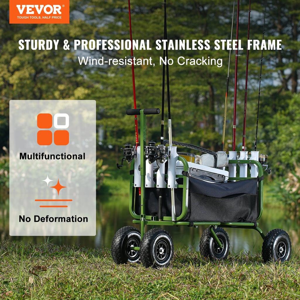 Beach Fishing Cart, 300 lbs Load Capacity, Foldable Fish and Marine Cart with Four 11" Big Wheels Rubber Balloon Tires for Sand, Heavy-Duty Steel Pier