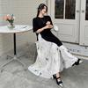2025 Summer Plus Size Dress Women Casual Spliced Loose Vintage Long Dress Basic Short Sleeve Dress Maxi