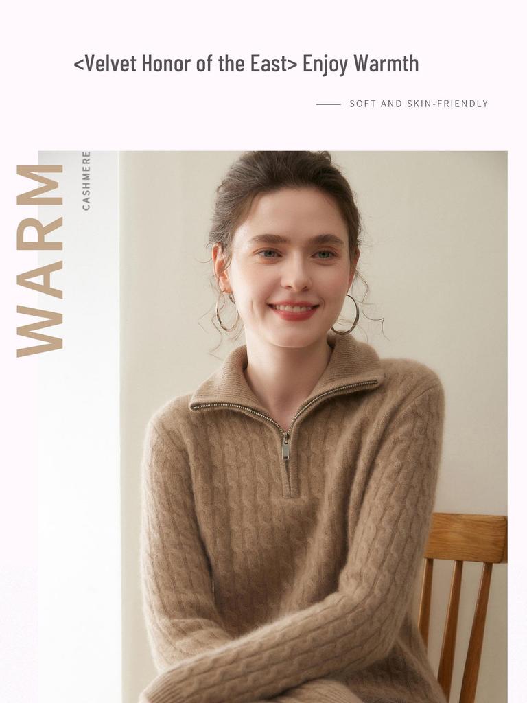 Women's Thickened Cashmere Half-Zip Knit Sweater - Loose Fit, Soft, Turn-Down Collar for Autumn and Winter