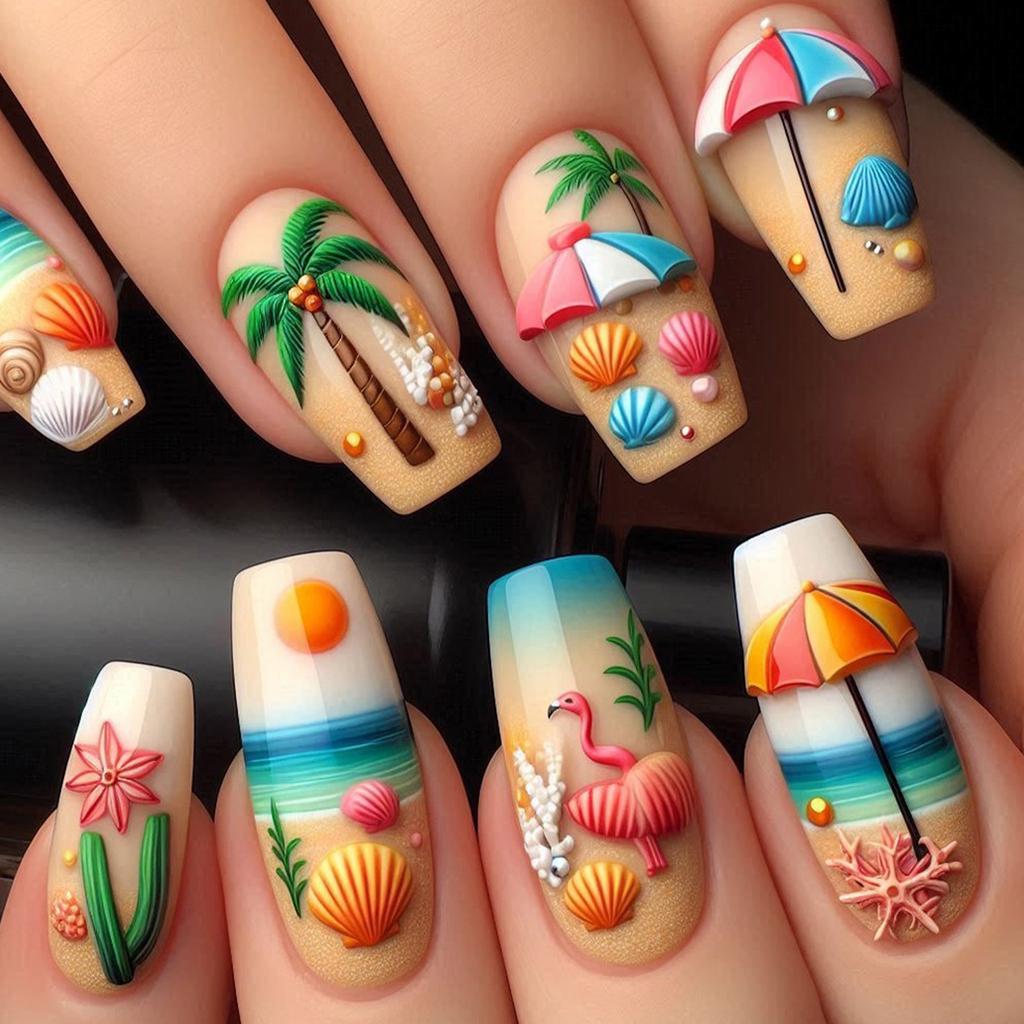 24 Pieces 3D Beach Press On Nail Medium Ballet Summer False Nail French Nail Art Tips Stick On Acrylic Nail for Women