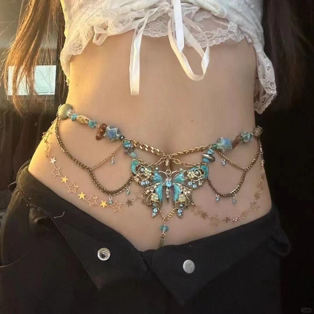 Elegant Multilayer Pearl Waist Chain Butterfly Belly Chain Retro Y2k Waistband Dress Accessories