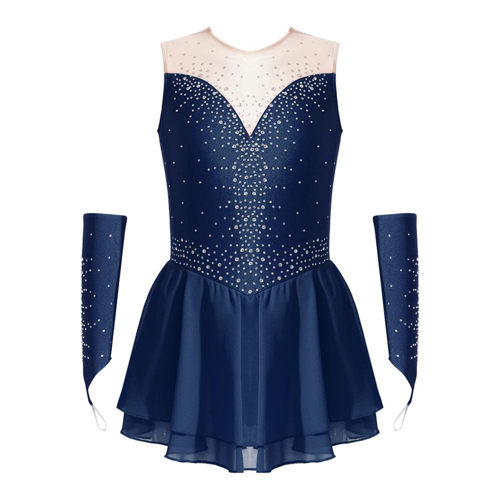 Girls Figure Skating Dress Sleeveless Glittering Rhinestone Keyhole Back with Gloves