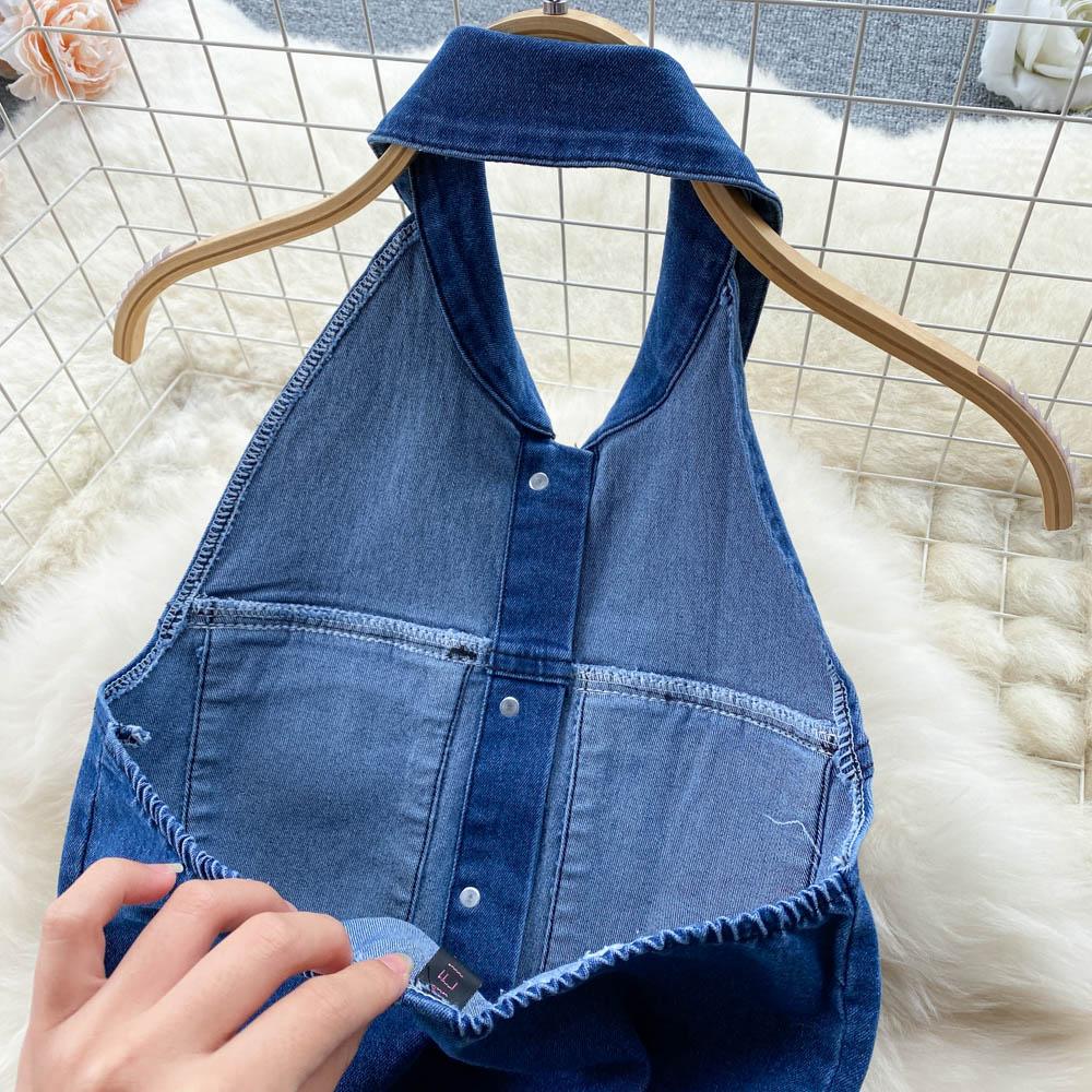 Женское новое модное сексуальное однобортное джинсовое платье с бретелькой на шее, тонкое облегающее платье без рукавов с запахом, облегающее клубное джинсовое платье