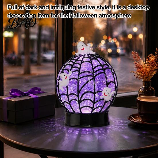 Glowing Table Lamp Halloween Ghost Glitter Ball Lamp, Spiderweb Faux Crystal Sphere Light, Desktop Night Purple Glow Spider for Holiday Party