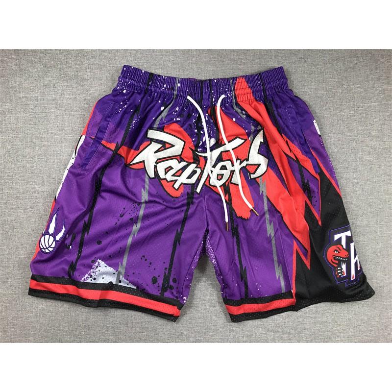 Mens Basketball Shorts Vintage Full Embroidery Zipper Pocket Team Sports Purple Swingman Cotton