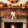 Autumn Wreath for Front Door 23.6" Artificial Olive Wreath, Faux Fall Leaf Teardrop Swag, Hanger Beige Linen Bow with Burlap Thanksgiving Door, Wall,