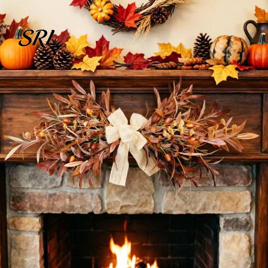 Autumn Wreath for Front Door 23.6" Artificial Olive Wreath, Faux Fall Leaf Teardrop Swag, Hanger Beige Linen Bow with Burlap Thanksgiving Door, Wall,