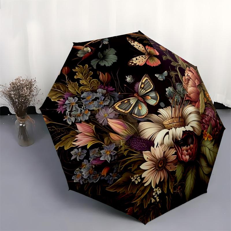 1pc Floral Wreath with Butterflies Umbrella with Plastic Handle,Suitable for All Seasons Home Travel Outdoor UmbrellaDD939
