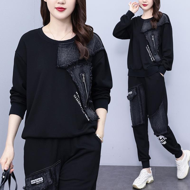 Весенне-осенний костюм женский свободный свитер с джинсовой вставкой с принтом с длинным рукавом из двух частей повседневный большого размера женская одежда