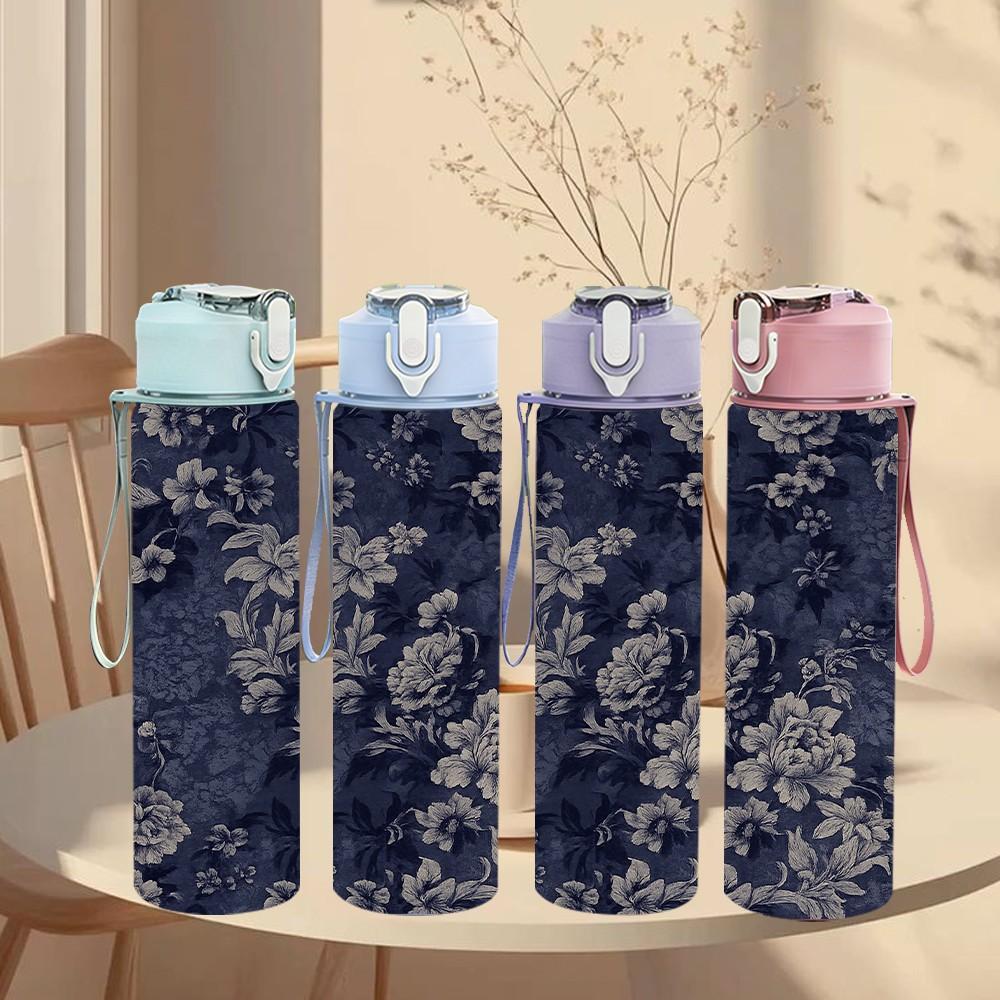 1PC Dark Blue Vintage Flower Print 750ml Color Plastic Sports Water Bottle Leakproof Flip Straw Lid Suitable for Sports Office Home Use