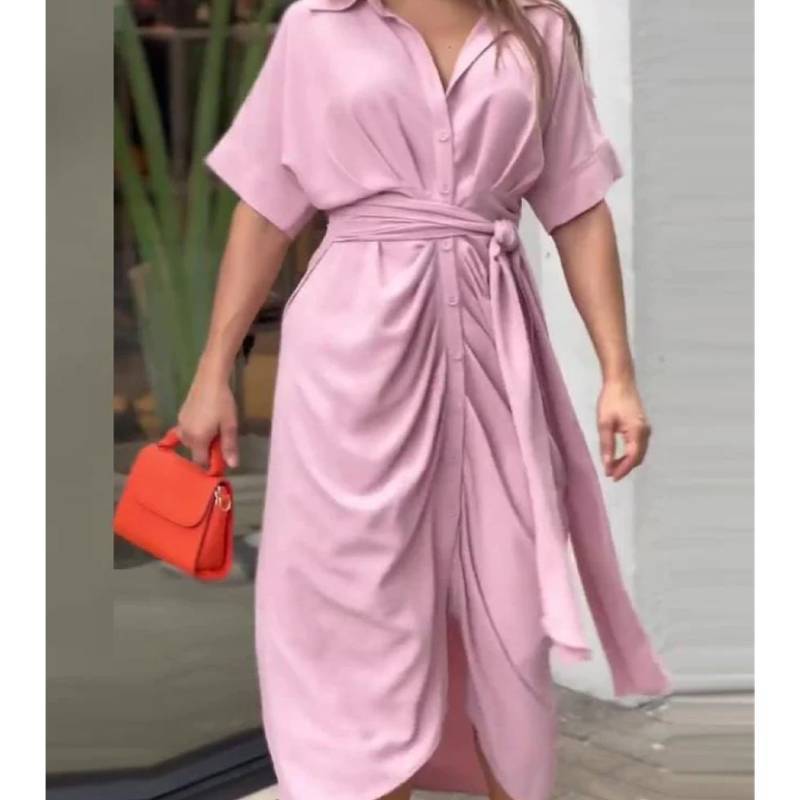 Stylish Summer Girl Dress With Shirt Collar In Polyester For Casual Wear