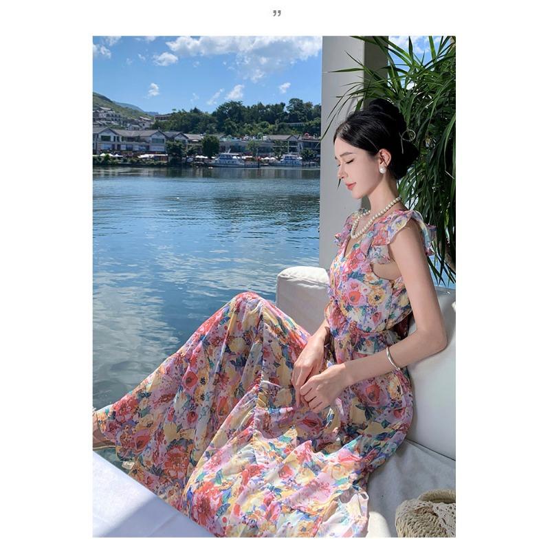 Женские летние длинные платья с цветочным принтом и морским праздником с завязками