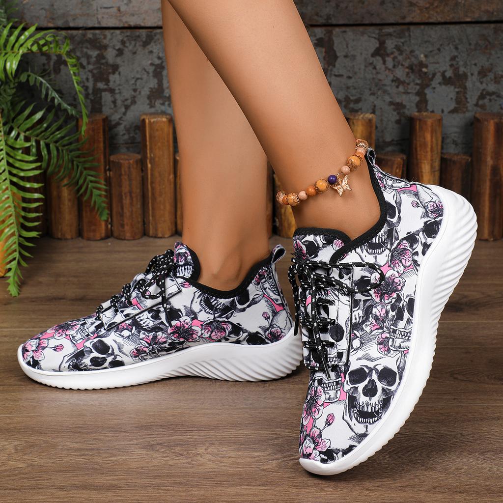Новый узор с черепом и цветами Женские спортивные туфли Грязеустойчивые Прочные С круглым носком На шнуровке Кроссовки Дышащие Нескользящие Для улицы Путешествия
