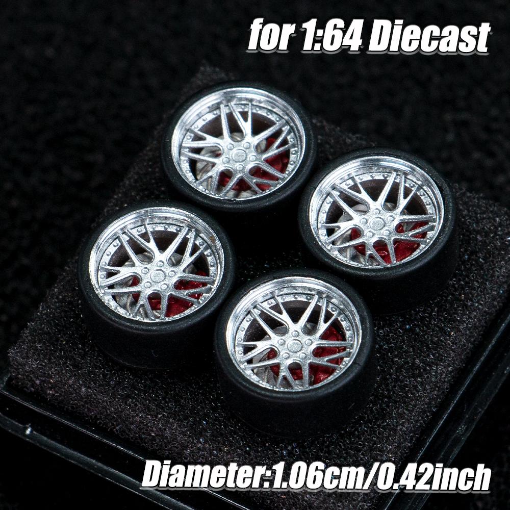 1:64 Scale Model Car Wheels Rims 4pcs 1Set 3D Printed Resin Rims with Rubber Tires for MINI GT Tomica JDM Car Upgrade