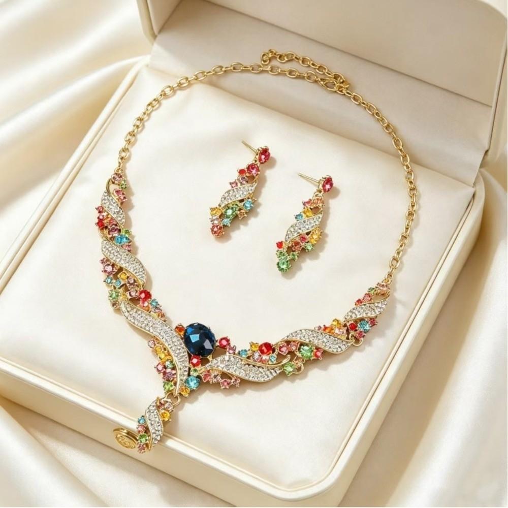 Colorful Rhinestone Jewelry Set Copper Electroplated Gold Clavicle Chain Earring Set Luxury