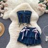 Pure Desire Sexy Gyaru Denim Suit Women French sle Bandage Sleeveless Tube Top Vest High Waist A Word Cake Skirt