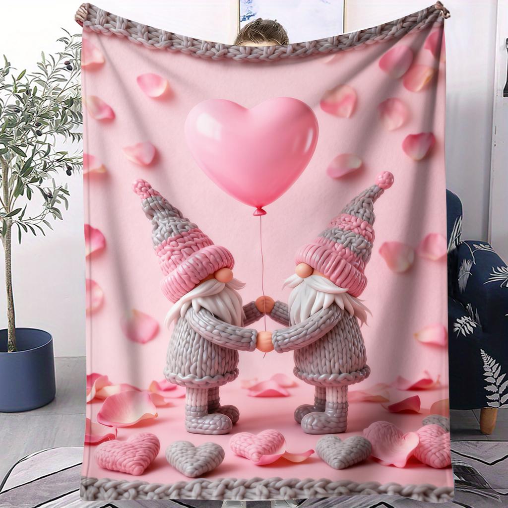 Gnome Couple Love Themed Flannel Blanket Happy Valentines Day Warm Plush Throw for Home Decor Sofa Bed Cover Camping Travel