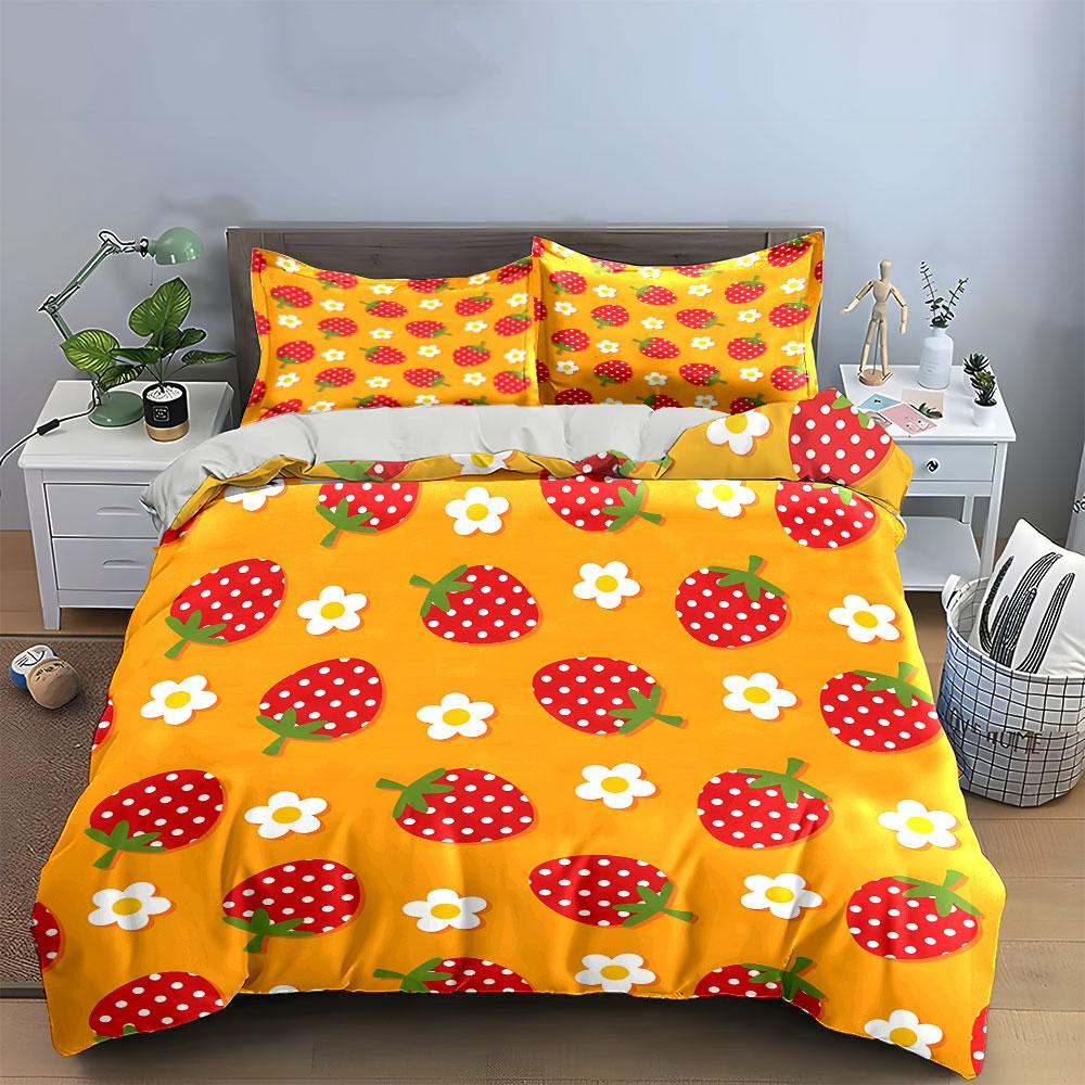 Strawberry & Daisy Yellow Set Bedding Duvet Cover Set Duvet Cover Pillowcases (1 * Duvet Cover 2 * Pillowcases, without duvet insert)