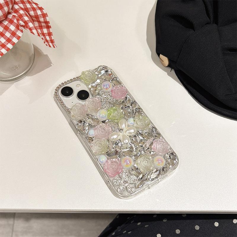 For IPhone17promax Rhinestone Phone Case for Apple 15 Pearl Flower Luxury 14 Rose Flower 13 Hard Case