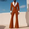 INCERUN Oversized Men Long Sleeve Stitching Slim Waist Casual Long Flare Rompers Jumpsuits
