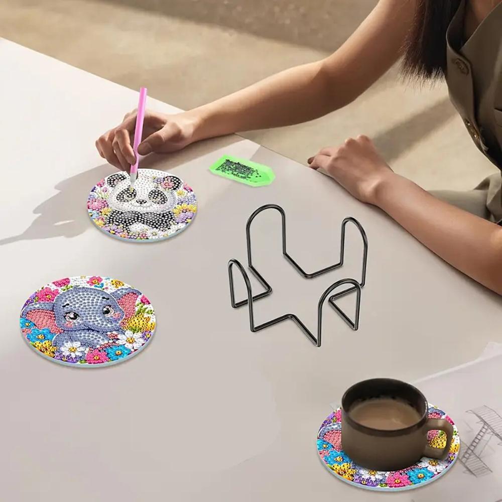 8 Pieces/set of Diamond Painted Animal Patterned Coasters, DIY Coasters with Holder, Suitable for Beginners and Adults, Art and Craft Supplies Gifts