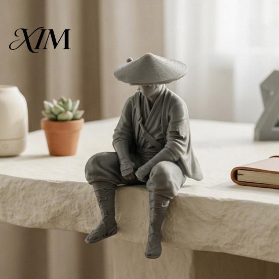 Atmospheric Retro Room Decor 3D Printed Ancient Chinese Hermit Warrior Figurine, Swordsman Statue with Bamboo Hat, Desktop Archeology Rack Mini