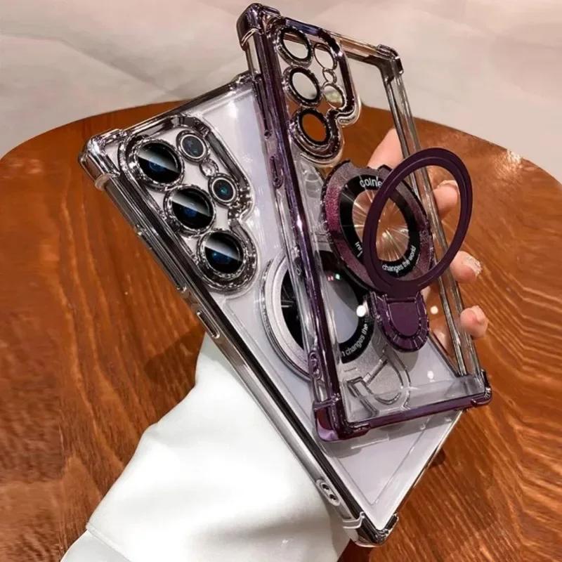 Luxury Plating Magnetic Bracket for Magsafe Clear Case for Samsung Galaxy S25 S24 Ultra S23 S22 S21 Plus With Holder Stand Phone Cover