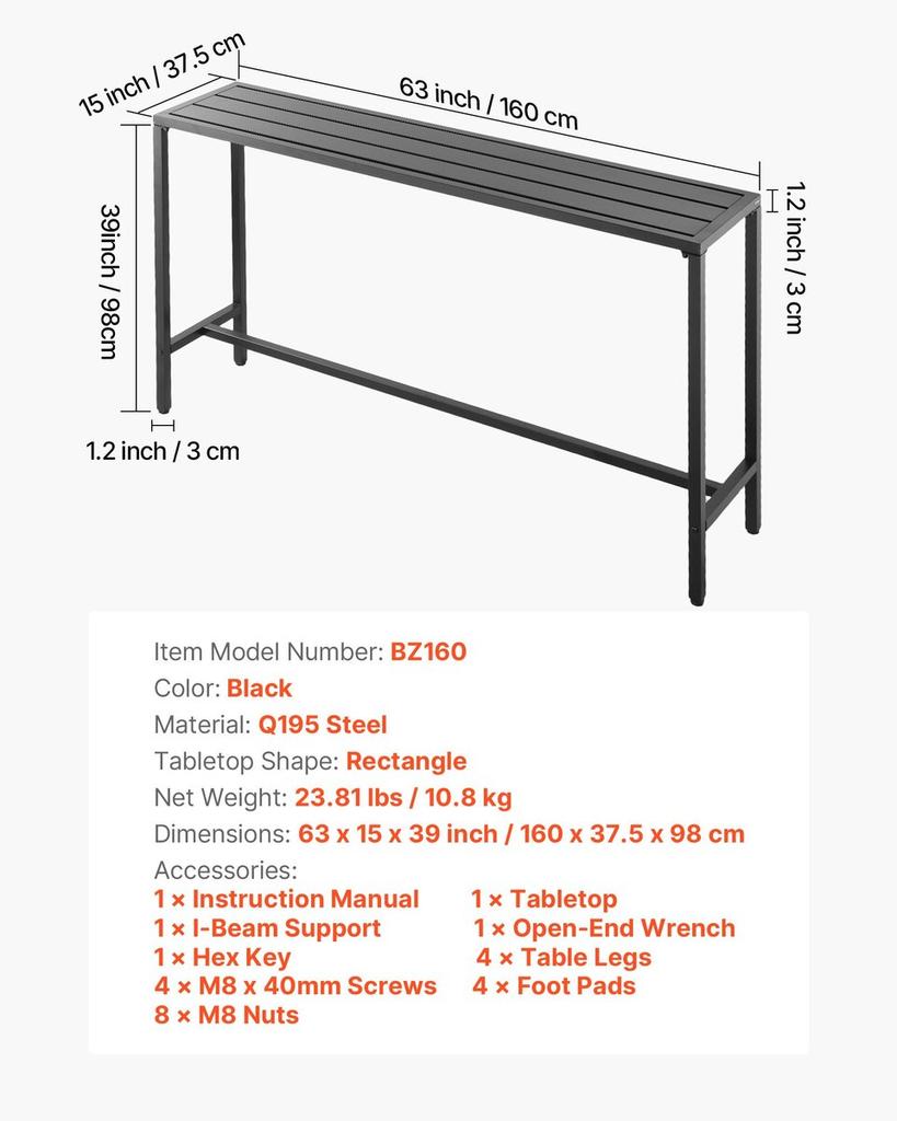 Outdoor Bar Table, 160 x 37.5 cm Patio Bar Table, Waterproof Top & Sturdy Metal Frame, Rectangle Counter Height Dining Tables, Outdoor Furniture for