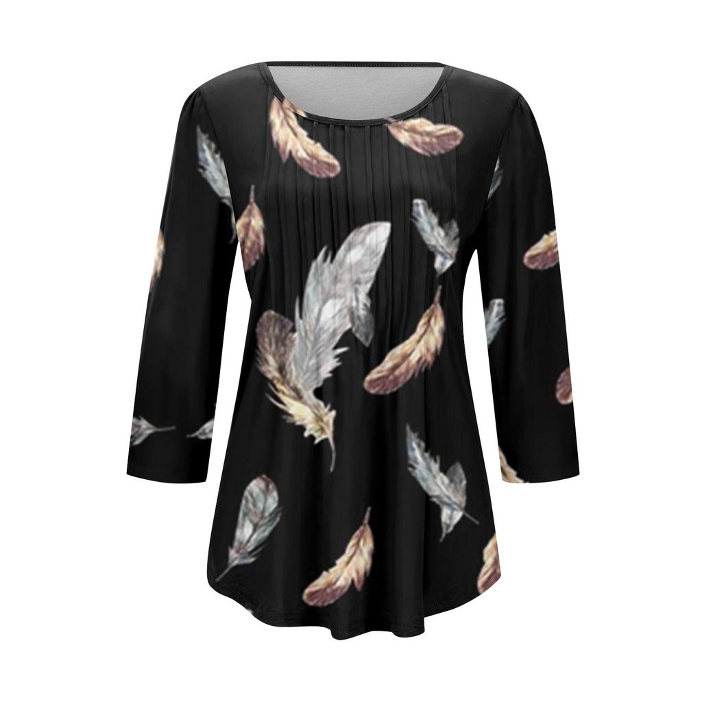 Женская модная повседневная плиссированная футболка с круглым вырезом и принтом для отдыха с рукавом семь четвертей