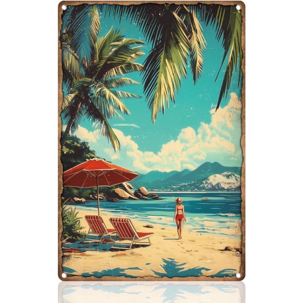 Summer Beach Palm Tree Seacoast Sign Wall Decor Metal Tin Sign Vintage Poster for Home Office Cafe Bar Man Cave Wall Decor