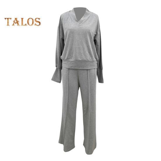 2 шт./комплект женский топ брюки комплект V-образный вырез длинные рукава свободная толстовка эластичный пояс широкие спортивные штаны спортивный наряд осенний повседневный спортивный костюм