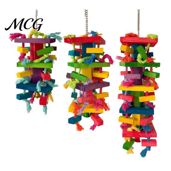 Cotton Rope Bird Toy Parrot Chewing for Macaws African Greys, Colorful Wooden Block Puzzle with Multi-layer Tassels, Hanging Interactive Activity