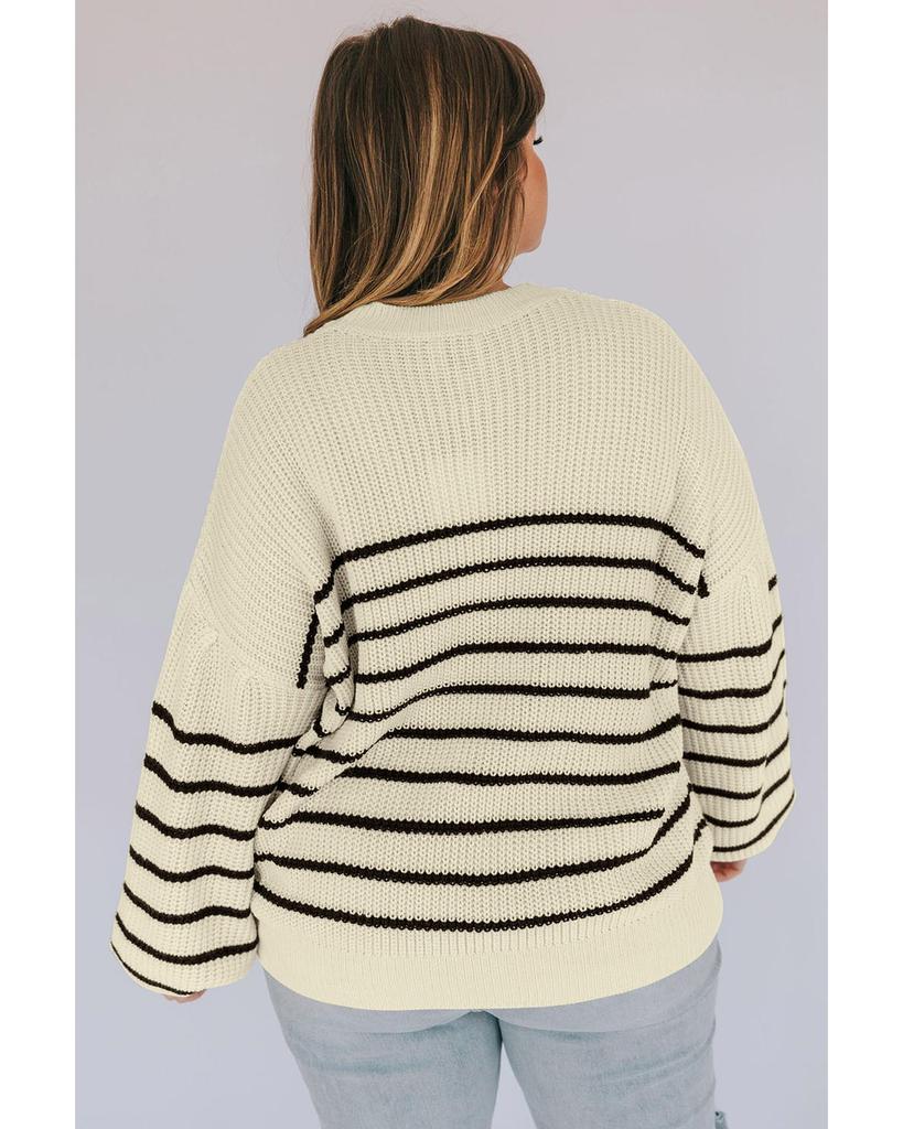 Azura Exchange Khaki Plus Size Striped Drop Shoulder Puff Sleeve Sweater